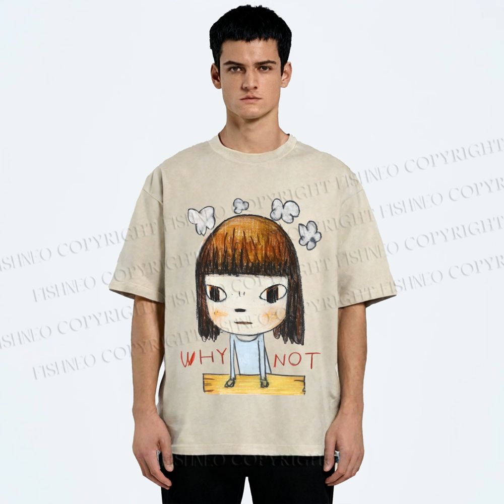 Unisex Japanese Art Yoshitomo Nara Why Not Printed Washed Tee