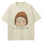Unisex Japanese Art Yoshitomo Nara Thinker Printed Washed Tee