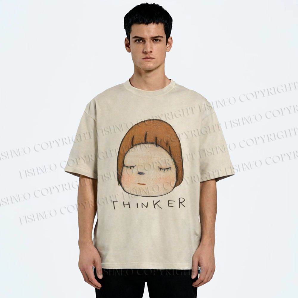 Unisex Japanese Art Yoshitomo Nara Thinker Printed Washed Tee