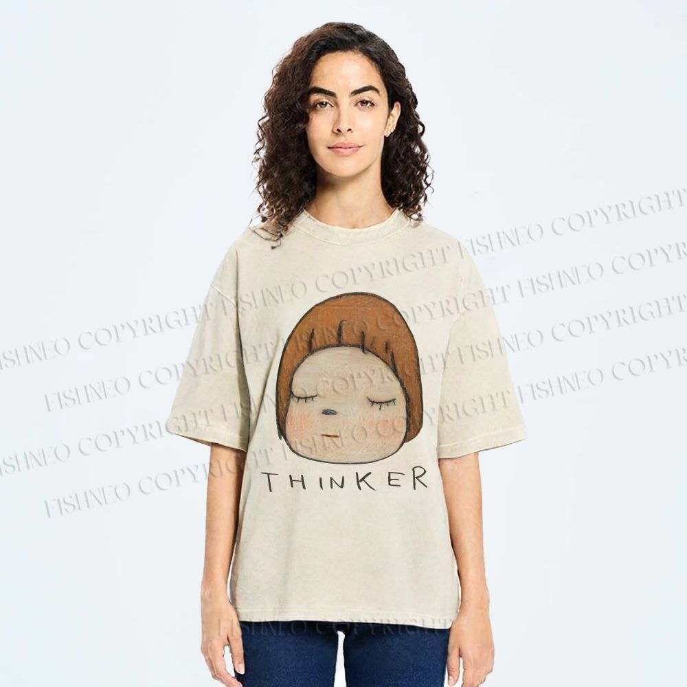 Unisex Japanese Art Yoshitomo Nara Thinker Printed Washed Tee