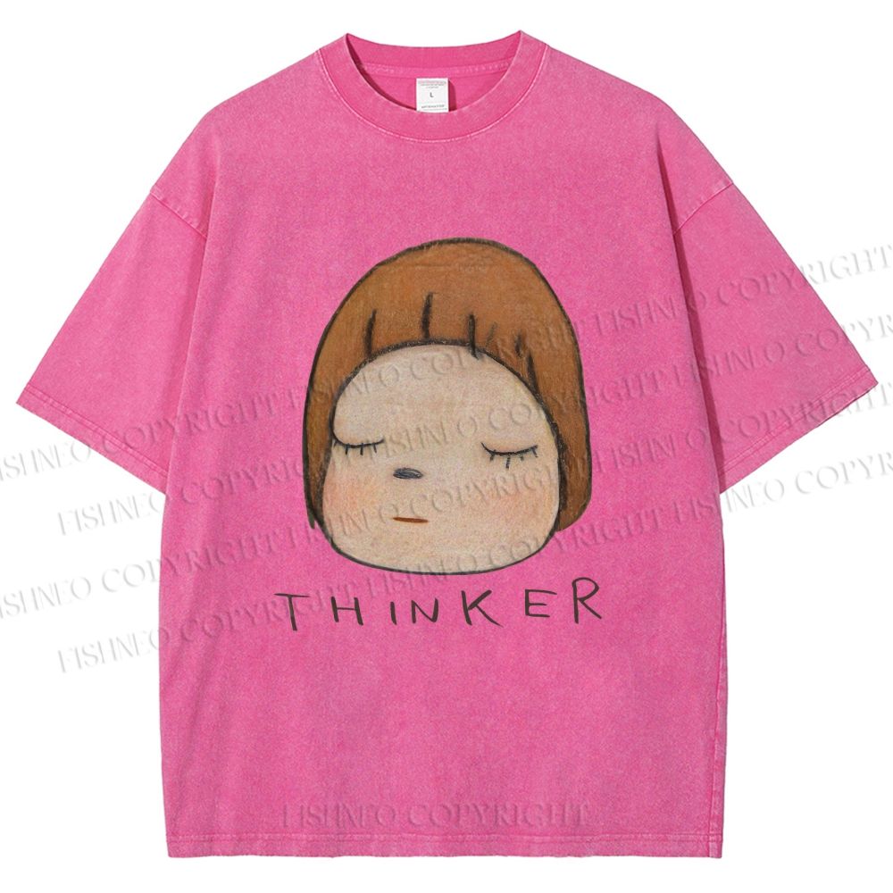 Unisex Japanese Art Yoshitomo Nara Thinker Printed Washed Tee