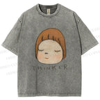 Unisex Japanese Art Yoshitomo Nara Thinker Printed Washed Tee