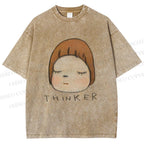 Unisex Japanese Art Yoshitomo Nara Thinker Printed Washed Tee