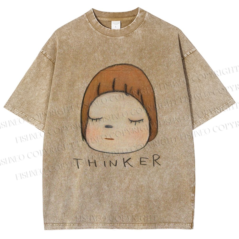 Unisex Japanese Art Yoshitomo Nara Thinker Printed Washed Tee