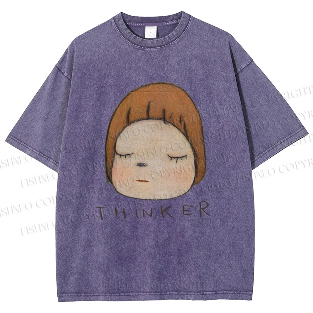 Unisex Japanese Art Yoshitomo Nara Thinker Printed Washed Tee