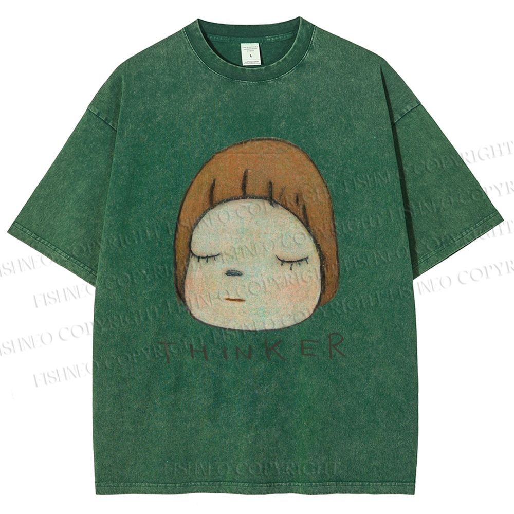Unisex Japanese Art Yoshitomo Nara Thinker Printed Washed Tee