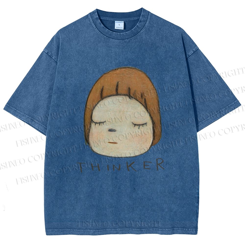 Unisex Japanese Art Yoshitomo Nara Thinker Printed Washed Tee