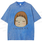 Unisex Japanese Art Yoshitomo Nara Thinker Printed Washed Tee