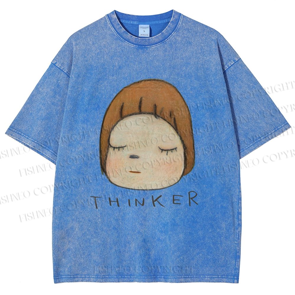 Unisex Japanese Art Yoshitomo Nara Thinker Printed Washed Tee