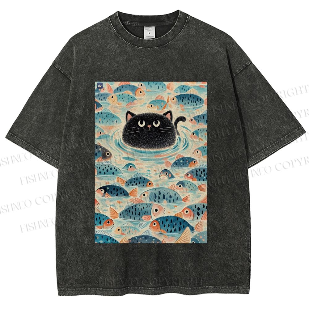 Unisex Vintage Black Cat Fish Printed Washed Tee