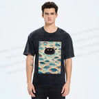 Unisex Vintage Black Cat Fish Printed Washed Tee