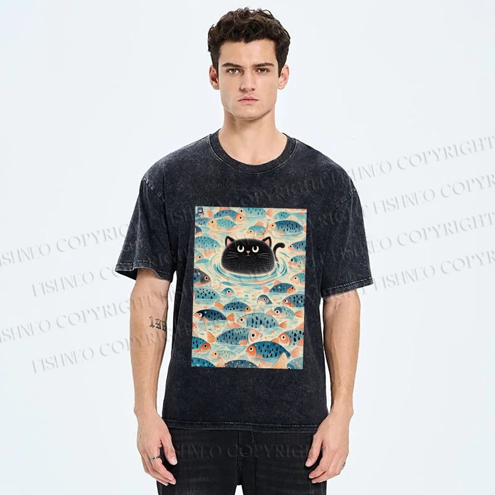 Unisex Vintage Black Cat Fish Printed Washed Tee