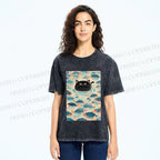 Unisex Vintage Black Cat Fish Printed Washed Tee