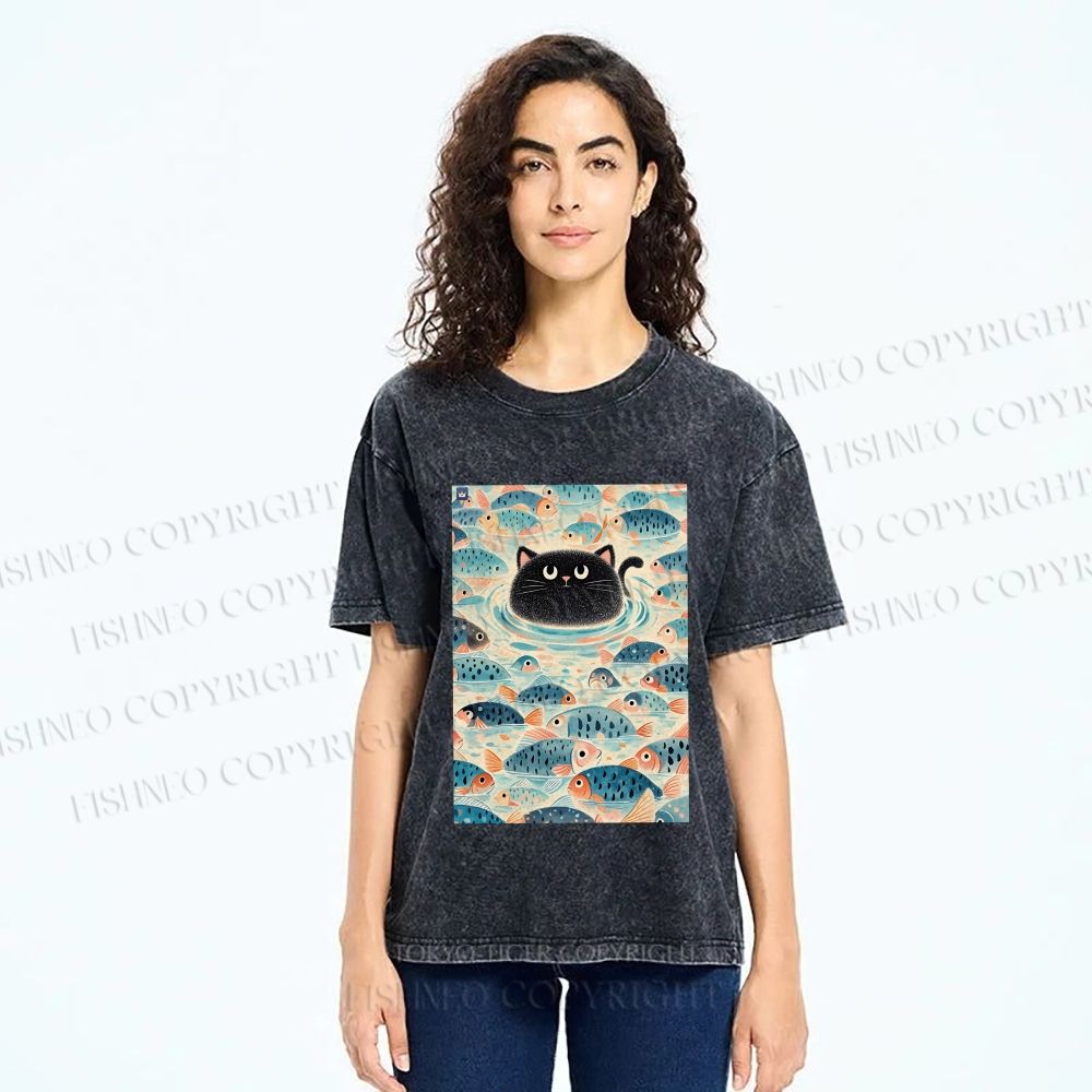 Unisex Vintage Black Cat Fish Printed Washed Tee
