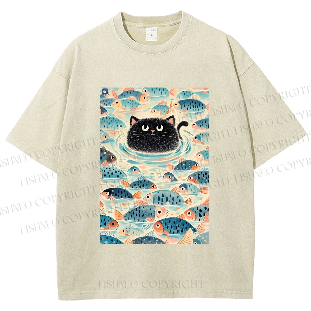 Unisex Vintage Black Cat Fish Printed Washed Tee