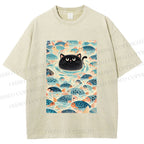 Unisex Vintage Black Cat Fish Printed Washed Tee