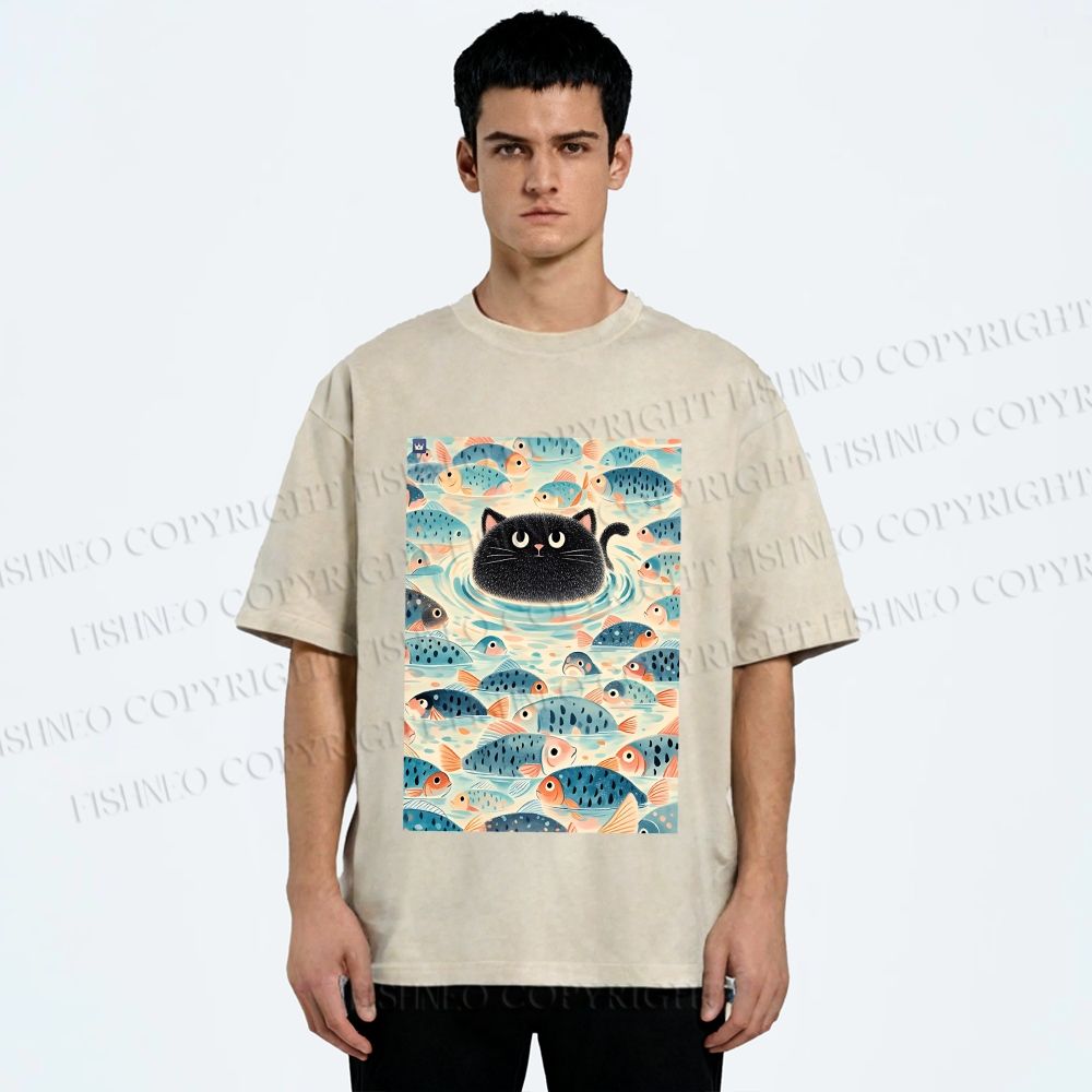 Unisex Vintage Black Cat Fish Printed Washed Tee