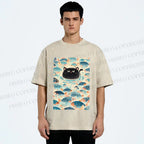 Unisex Vintage Black Cat Fish Printed Washed Tee