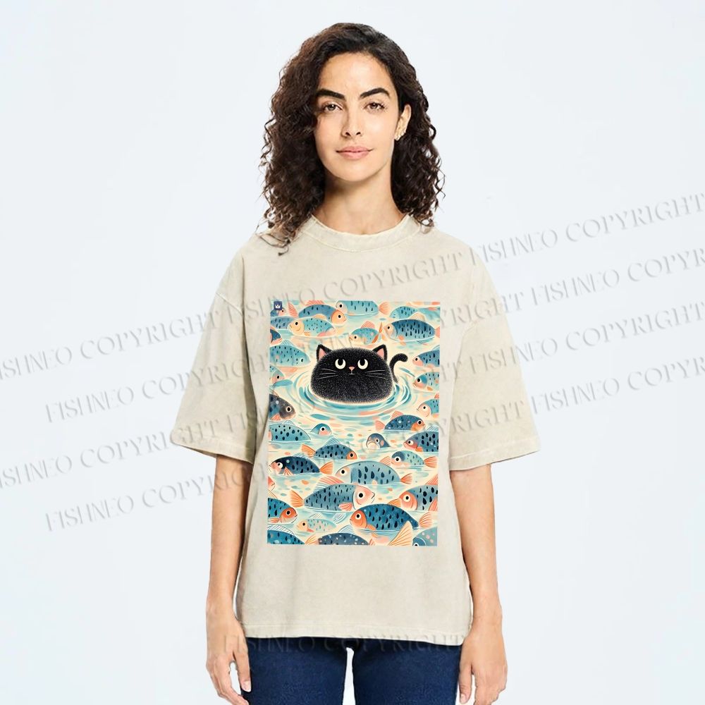 Unisex Vintage Black Cat Fish Printed Washed Tee