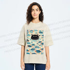 Unisex Vintage Black Cat Fish Printed Washed Tee