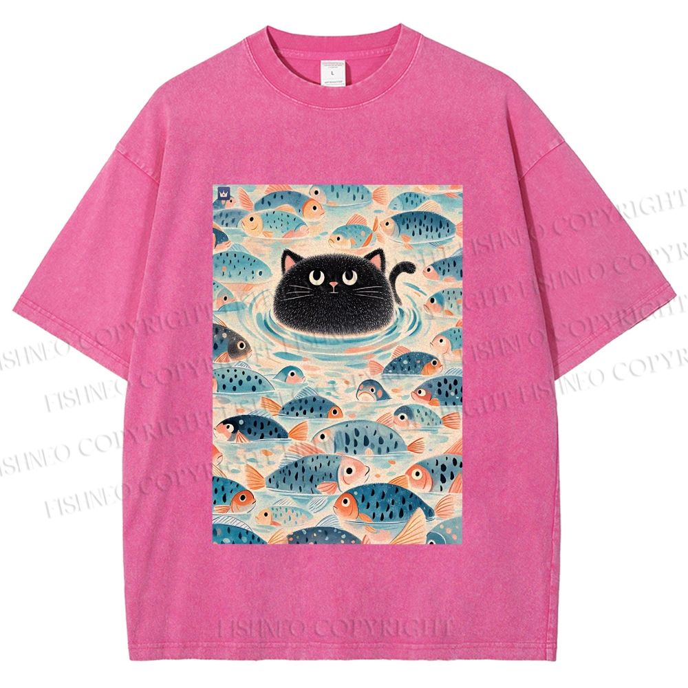 Unisex Vintage Black Cat Fish Printed Washed Tee