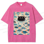 Unisex Vintage Black Cat Fish Printed Washed Tee