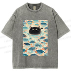 Unisex Vintage Black Cat Fish Printed Washed Tee