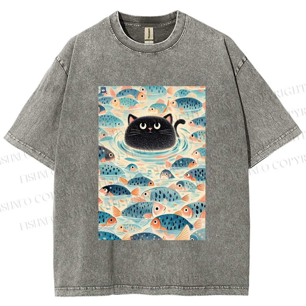 Unisex Vintage Black Cat Fish Printed Washed Tee