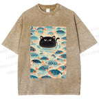 Unisex Vintage Black Cat Fish Printed Washed Tee