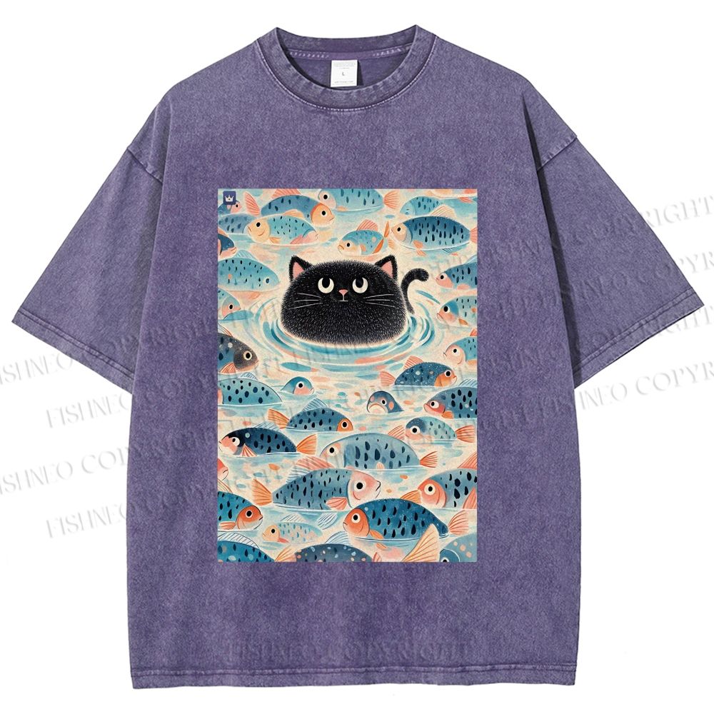 Unisex Vintage Black Cat Fish Printed Washed Tee