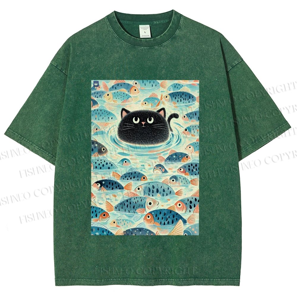 Unisex Vintage Black Cat Fish Printed Washed Tee