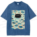 Unisex Vintage Black Cat Fish Printed Washed Tee