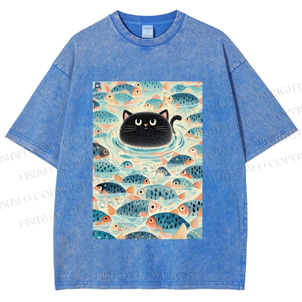 Unisex Vintage Black Cat Fish Printed Washed Tee