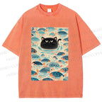 Unisex Vintage Black Cat Fish Printed Washed Tee