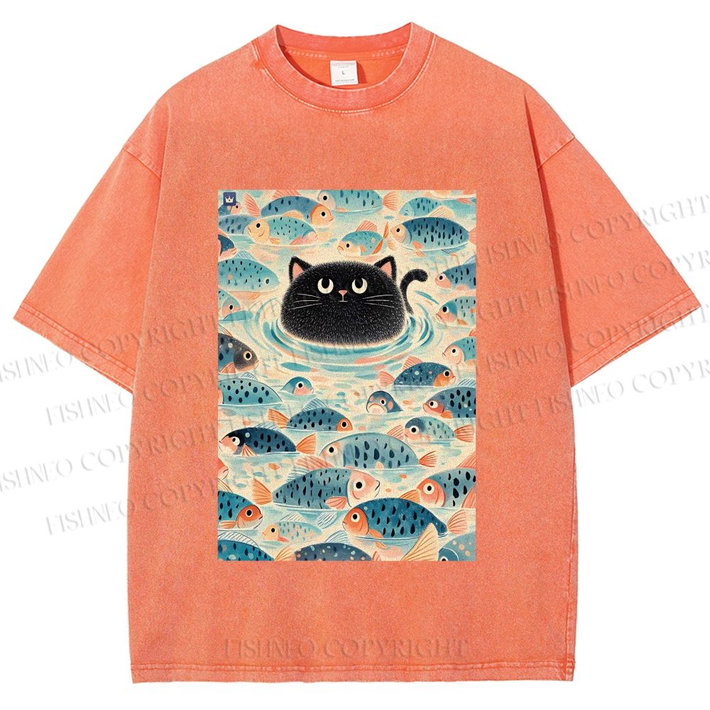 Unisex Vintage Black Cat Fish Printed Washed Tee