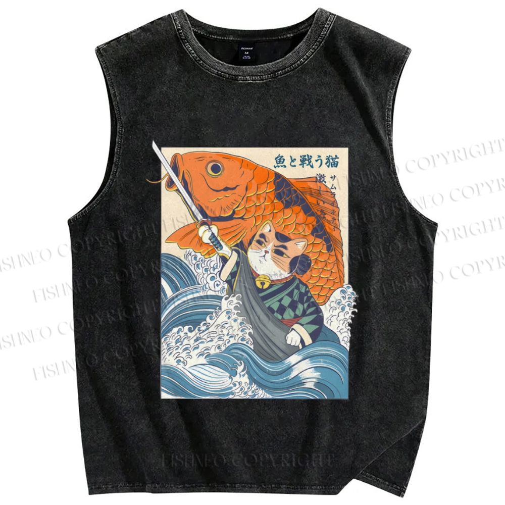 Unisex Vintage Japanese Cat Samurai Koi Fish Printed Washed Tank Top