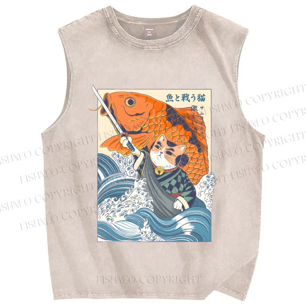 Unisex Vintage Japanese Cat Samurai Koi Fish Printed Washed Tank Top