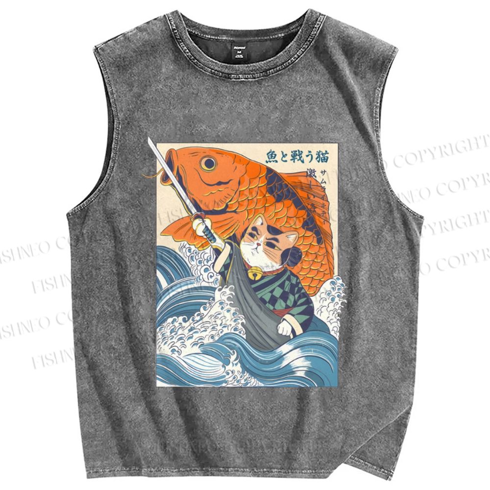 Unisex Vintage Japanese Cat Samurai Koi Fish Printed Washed Tank Top