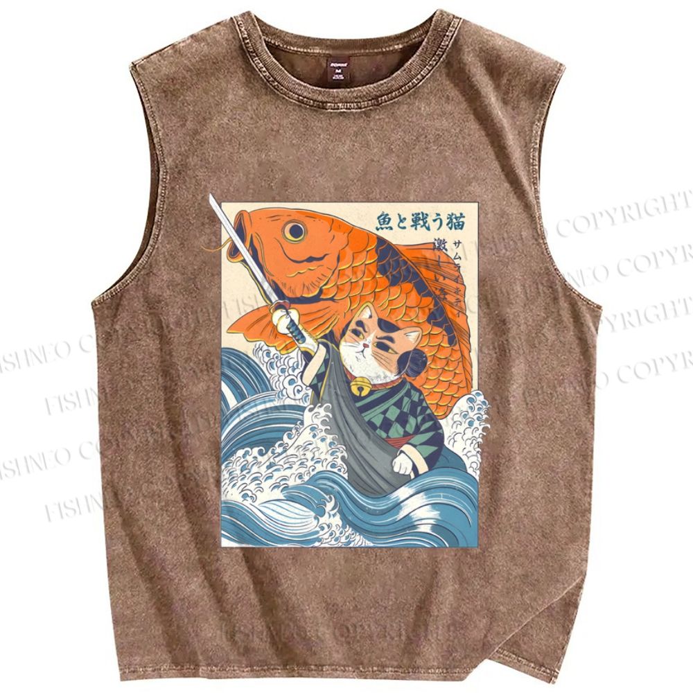 Unisex Vintage Japanese Cat Samurai Koi Fish Printed Washed Tank Top