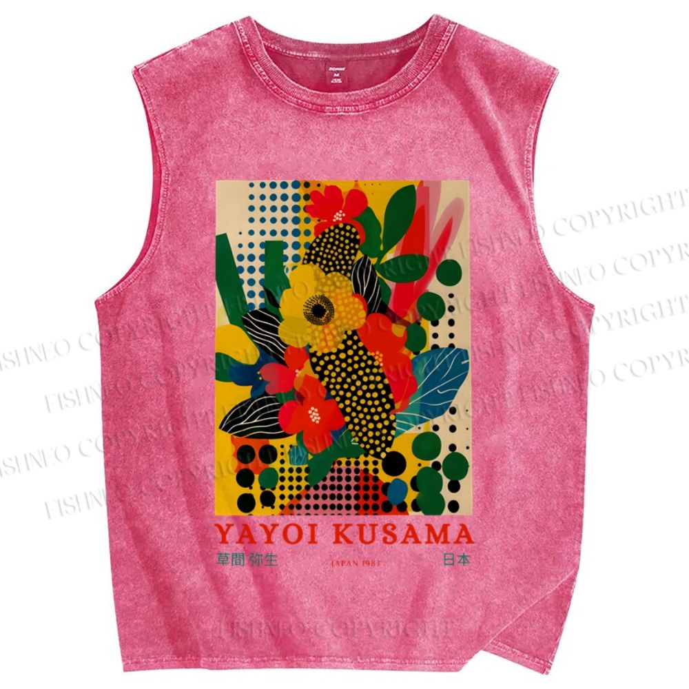 Unisex Japanese Yayoi Kusama Flowers Printed Washed Tank Top