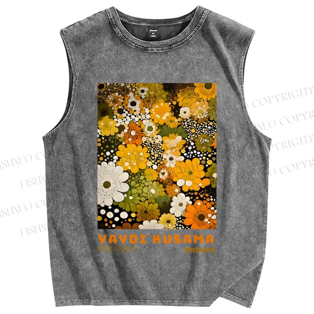 Unisex Japanese Yayoi Kusama Flowers Printed Washed Tank Top