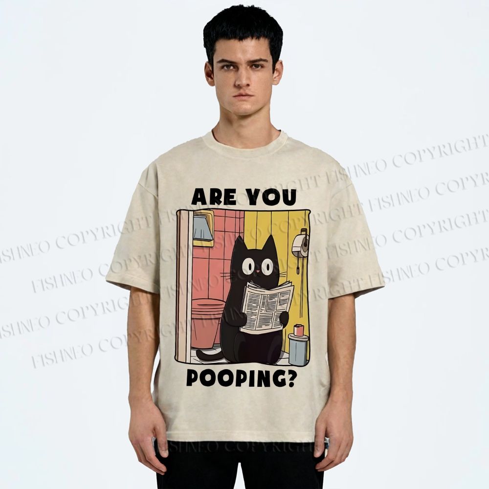 Unisex Are You Pooping Cat Printed Washed Tee