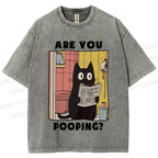 Unisex Are You Pooping Cat Printed Washed Tee