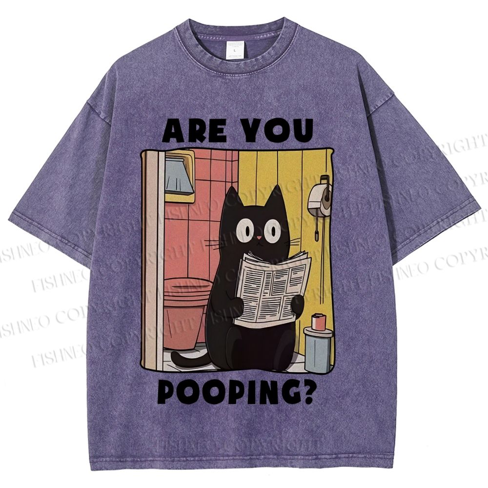 Unisex Are You Pooping Cat Printed Washed Tee