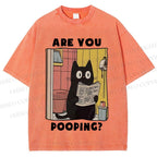 Unisex Are You Pooping Cat Printed Washed Tee