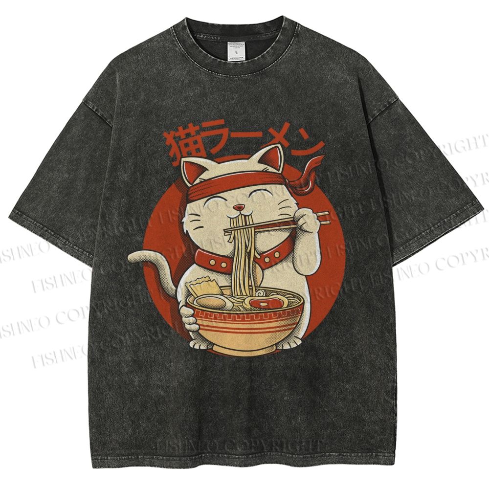 Unisex Ramen Cat Printed Washed Tee