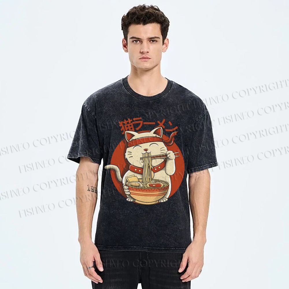 Unisex Ramen Cat Printed Washed Tee