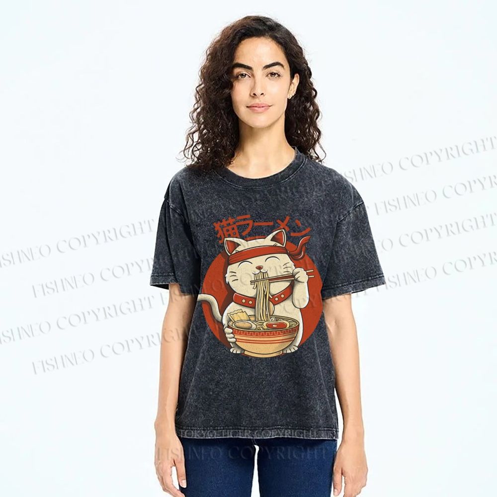 Unisex Ramen Cat Printed Washed Tee