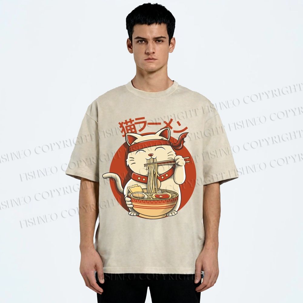 Unisex Ramen Cat Printed Washed Tee
