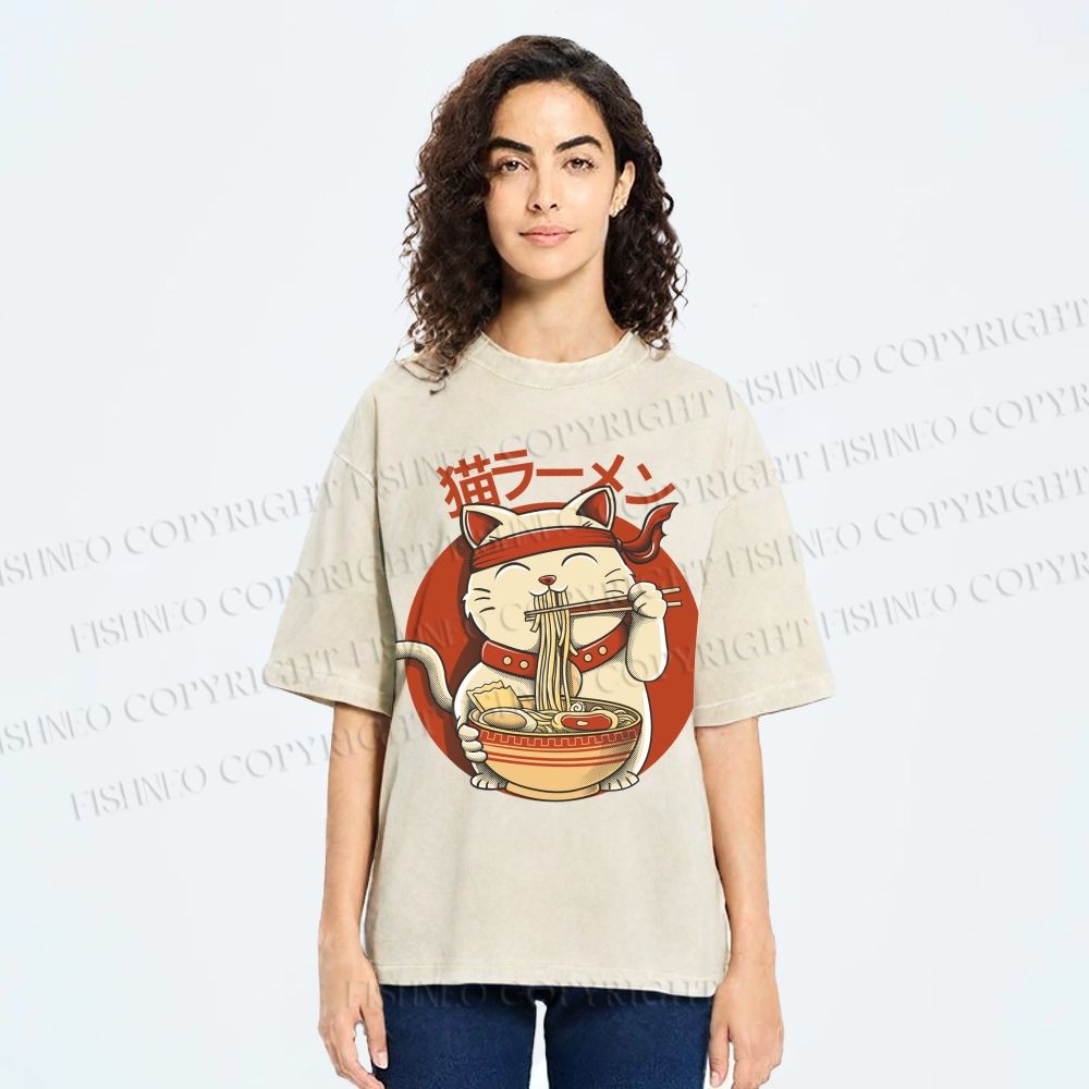 Unisex Ramen Cat Printed Washed Tee